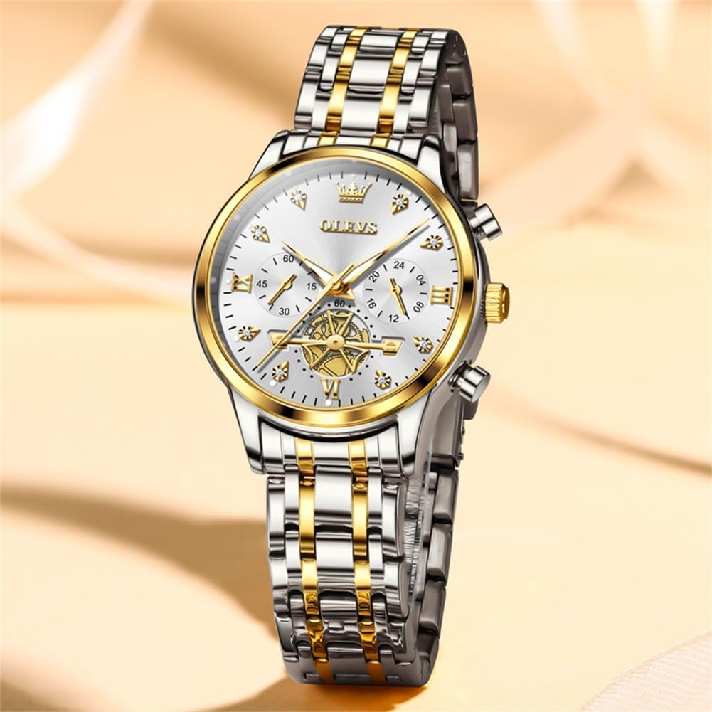 OLEVS Women Watch Multifunctional Two Tone Watch Fashion Business Analog Quartz Ladies Watch Stainless Steel Waterproof Diamond Watch for Women - Image 2