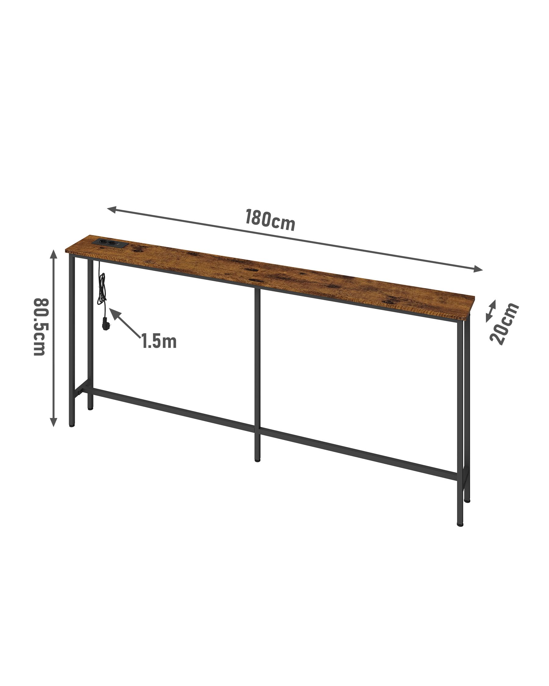 Side Table Achter De Bank Ginhow Consoletafel 160 Cm Breed Met Stopcontact & USB - Bruin/zwart, 80 Cm Hoog, Smal Dressoir Voor Hal Of Woonkamer USB Opladen Tafel