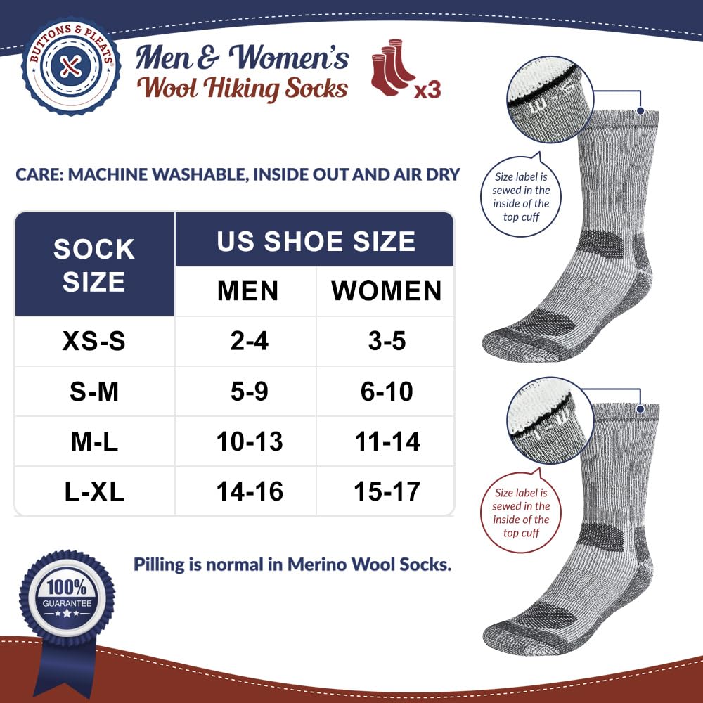 Buttons & Pleats Calcetines de lana para hombres y mujeres, 80% merino, térmicos, cálidos, acogedores, para botas de invierno, Carbón M-l (Mujeres 11-13 / Hombres 9.5-12), Large
