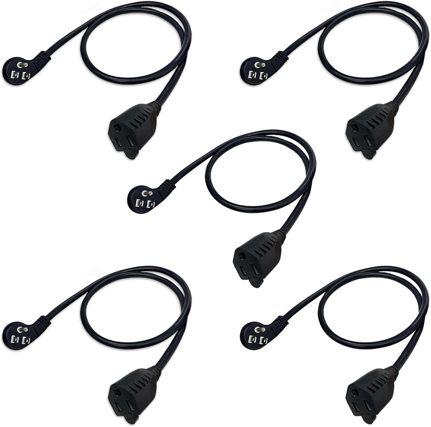 POWERCORDS Flat Plug Extension Cord 18 in 5-Pack – 45 Degree Angled Low Profile Plug, Space Saving Outlet Extender, UL Listed 16 AWG 3 Prong Power Cord for Tight Spaces