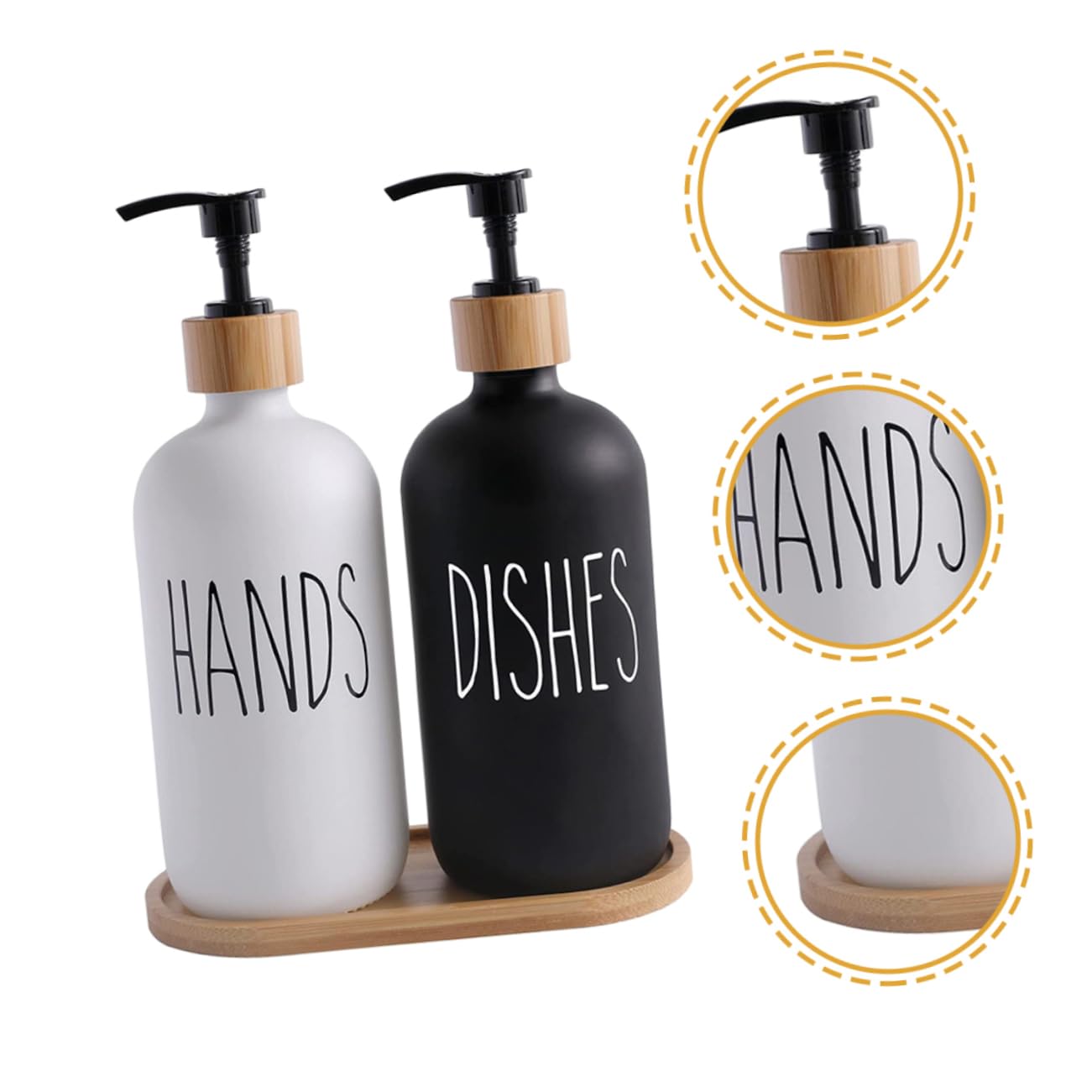 Dispensador de Jabón Líquido de Vidrio con Bomba, 1 Juego | Bandeja de Madera Incluida, para Lavabo y Ducha, Recargable Diseño de Presión