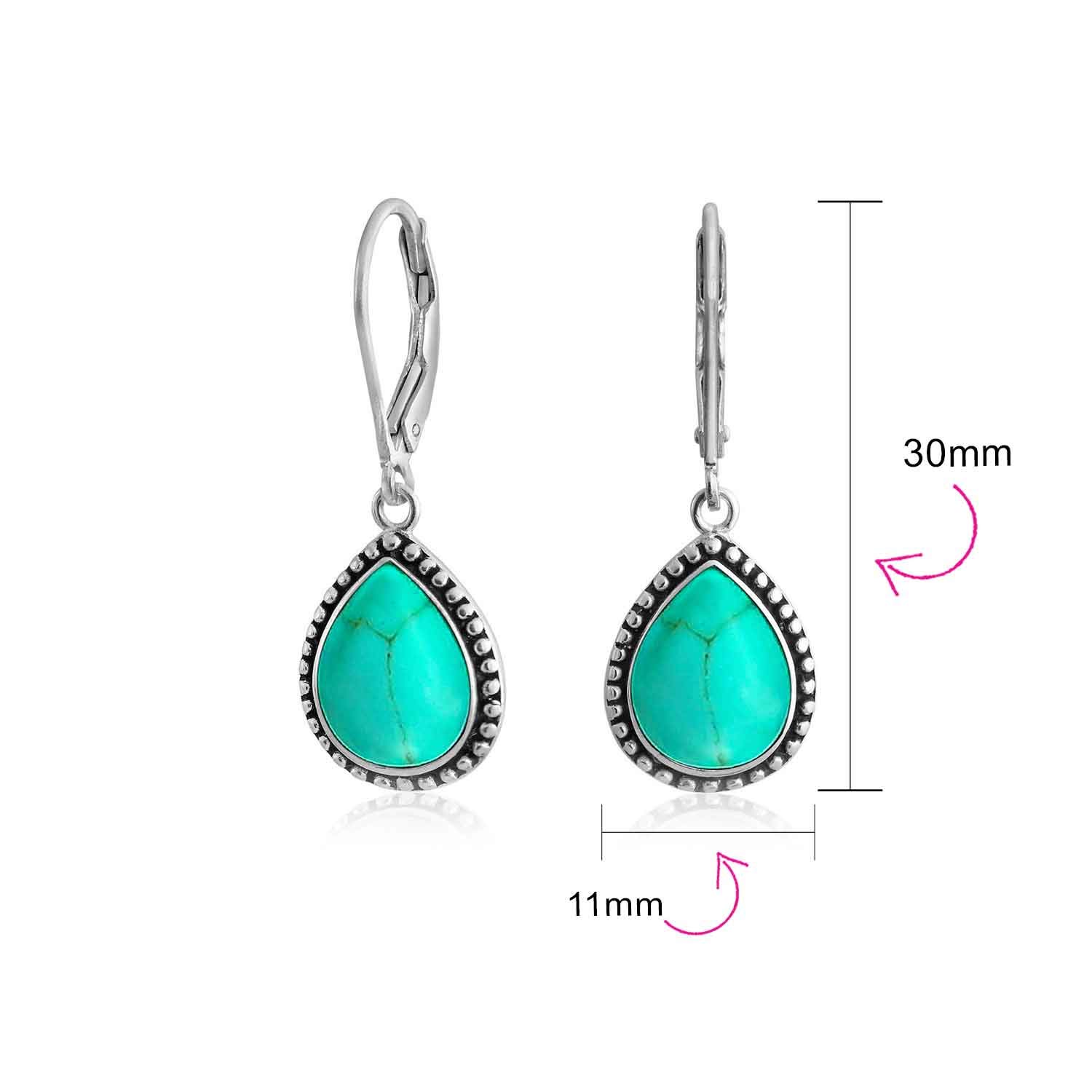 Boho Western Stil Milgrain Einstellung Halbedelsteine Lapis Türkis Jade Onyx Quarz Pear Shaped Träne Lever Back Baumelnd Drop Ohrringe Für Frauen Teen Oxidiert .925 Sterling Silber