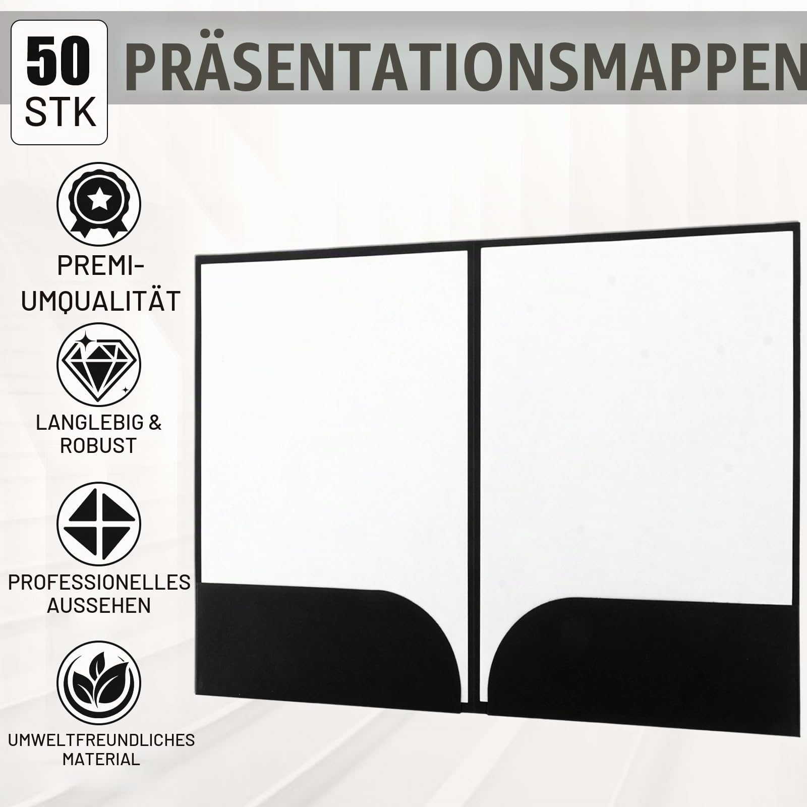 CYEER 50er Set Präsentationsmappe A4 Schwarz – Hochwertige Dokumentenmappe aus Karton mit Visitenkartenschlitz – Elegante Sammelmappe für Business, Angebote, Bewerbungen & Projekte