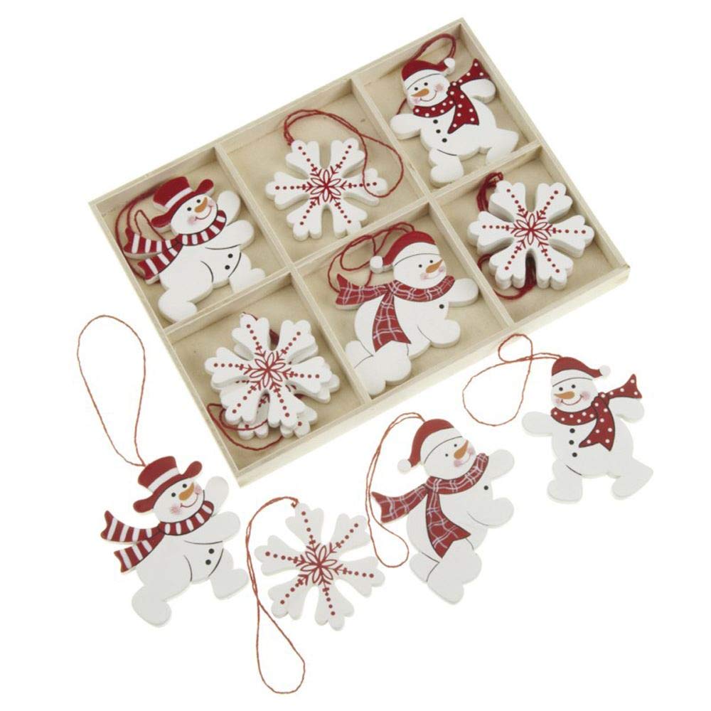 Luck And Luck White,Red Heaven Sends Snowman And Snowflake Wooden X'mas Tree Decorations - Set Of 12
