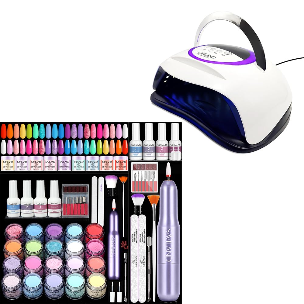 SAVILAND Dip Powder Nail Kit with Drill - 20 Colors Summer Dip Nails Powder Starter Kit SAVILAND 300W U V LED Nail Lamp: Motion Sensor Nail Dryer Super Fast Curing U V Light for Gel Nails with 72 Bead