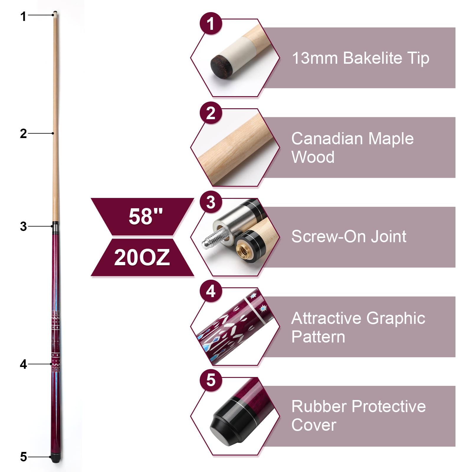 Billard Queue, 58'' 20oz Pool Queue Kanadischer Ahorn Pool Cue 13mm Spitzen für Professionelle Billardspieler, Queue Stick für Billard Tisch Sport