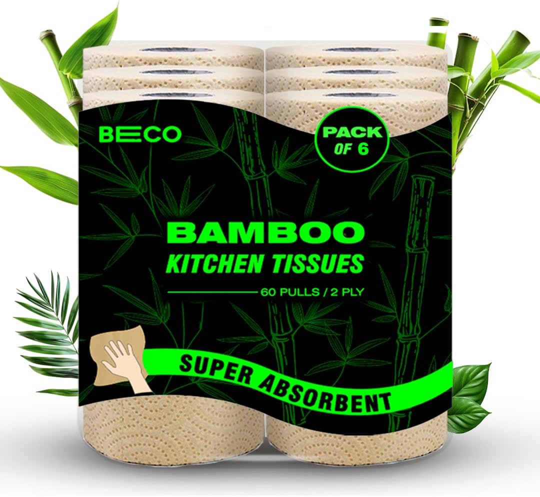 Beco Bamboo Kitchen Towels, 360 Pulls, 2 Ply, Ecofriendly Kitchen Tissue Rolls, 60 Pulls Each (pack of 6), Biodegradable Tissue papers