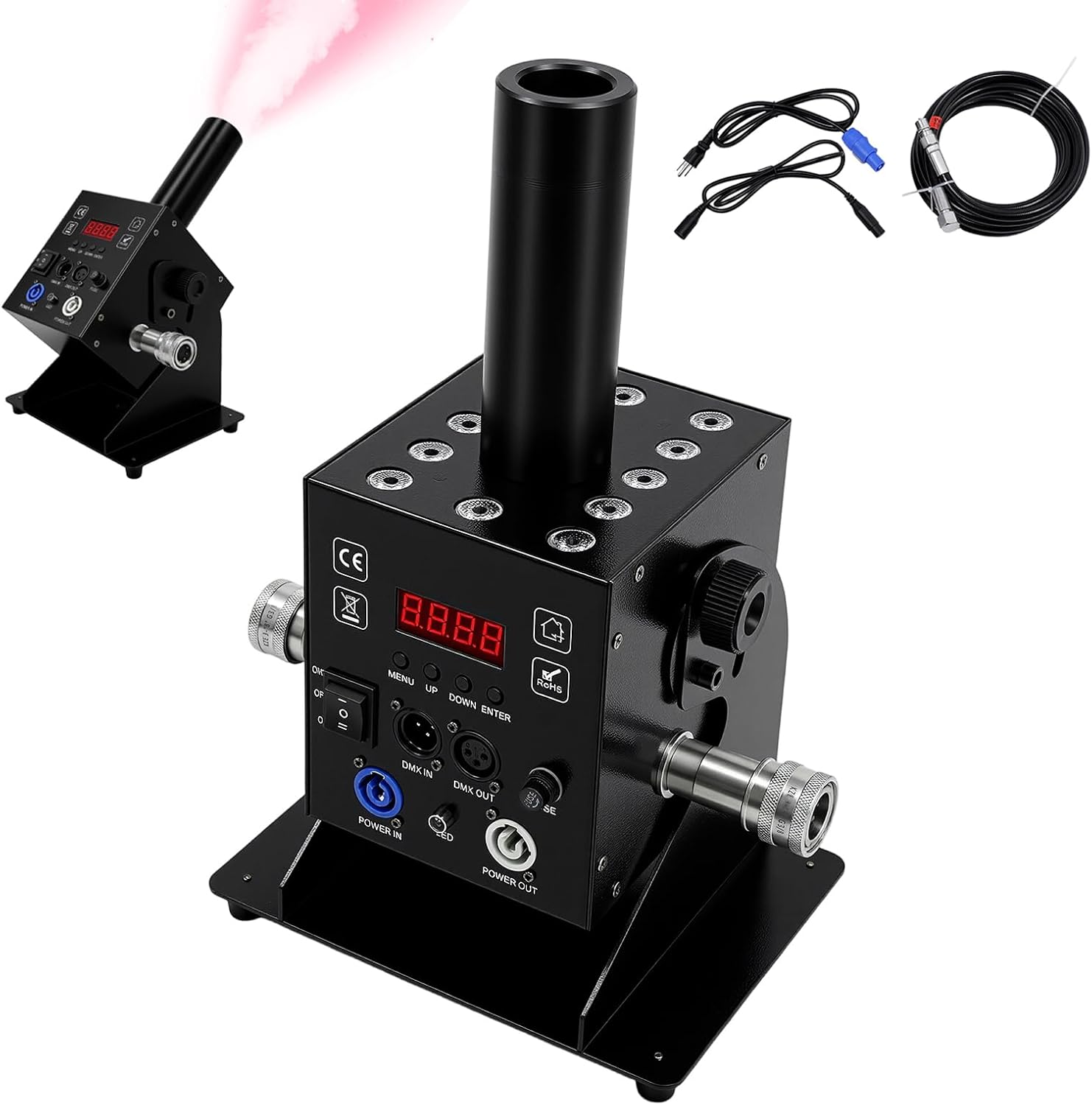 LED CO2 Jet Machine, 250W 6 Channels Angle Adjustable Smoke Machine Fogger Smoke Cannon Portable DJ Air Fog Machine with DMX Control for Bars Stage Plays Live Performances