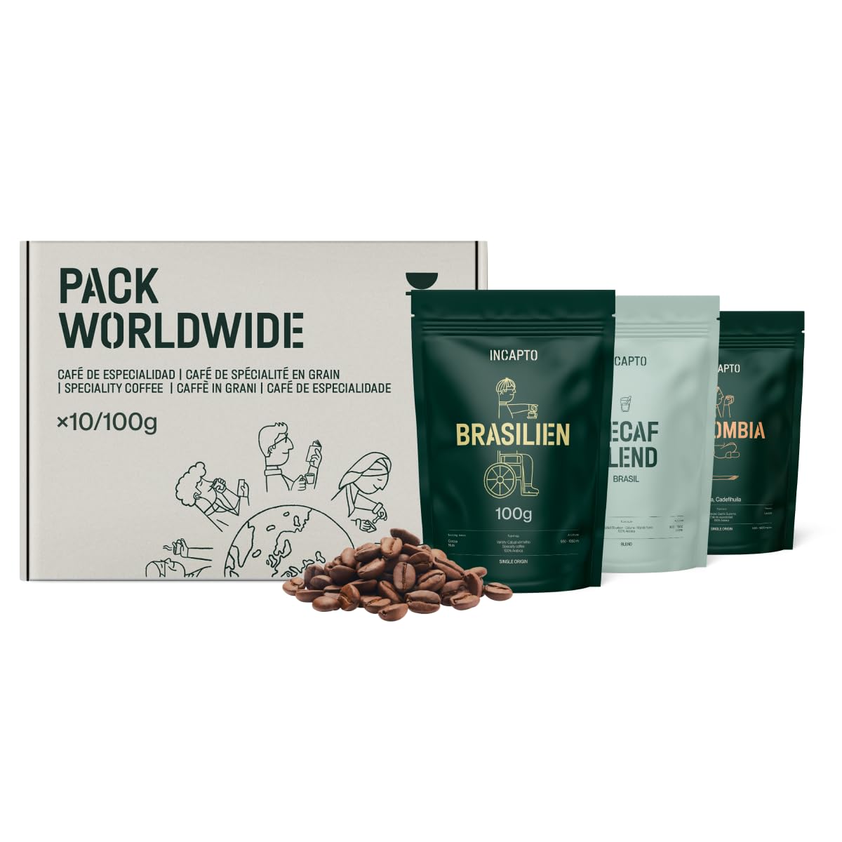 Incapto Kaffeebohnen Probierset Worldwide | Auswahl von 10 Ursprüngen der Welt | Spezialitäten-Kaffee | 100% Arabica | Ideal als Kaffee Geschenkset | Für Kaffeeliebhaber | 10 Packungen à 100g
