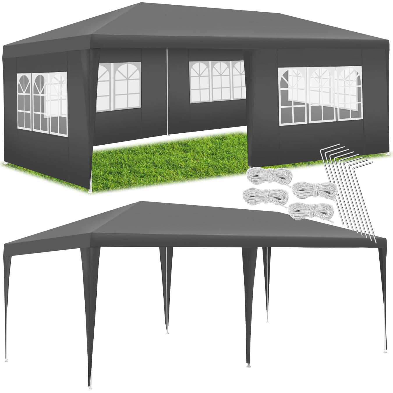 tectake® Garden Gazebo - 6x3m Water- & UV-Protected Pavilion with Removable Side Panels and a Robust Steel Frame, Fast Assembly, Incl. Guy Ropes & Pegs - Ideal Marquee for Garden, Party & BBQ - Grey