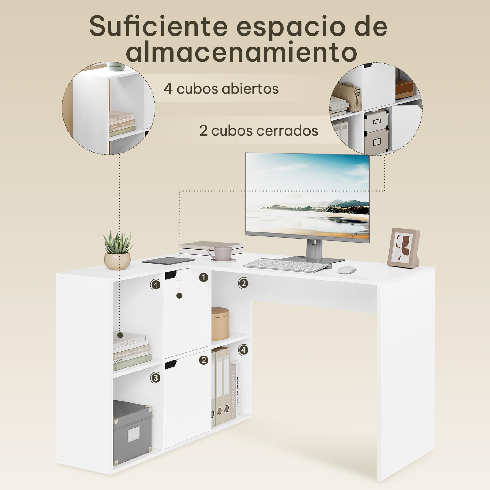 eSituro Escritorio Esquinero en L, 120x100x75 cm, Blanco | 6 Compartimentos, Ahorro de Espacio, para Oficina, Dormitorio y Estudio