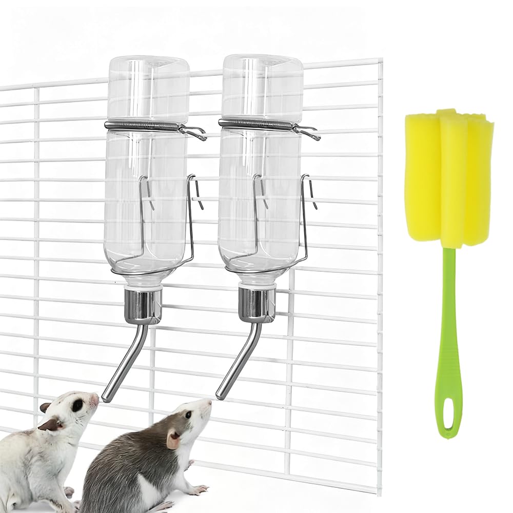 2 Pcs 350ml Bebedero Colgante para Conejos, Hámster, Chinchillas Botella Agua Conejos Bebedero Antigoteo con Bolas de Acero Inoxidable Automatico y Transparente para Jaulas + Cepillo