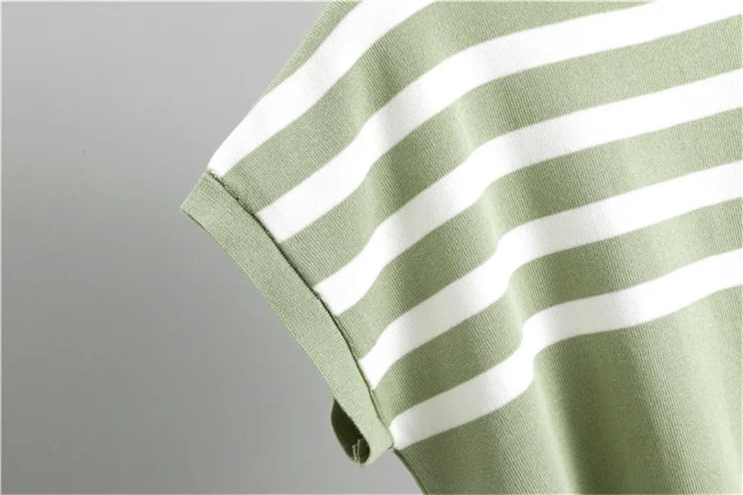 Donne Estate Seta Ghiaccio A Righe In Maglia Due Pezzi Slim Manica Corta Top Pullover Tee Conjunto Vita Alta Gamba Larga Pantaloni Abiti