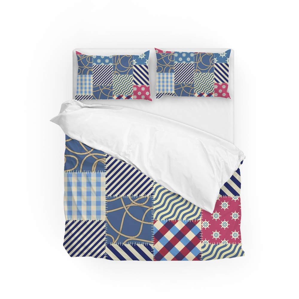 Housse de couette douce et infroissable king size motif patchwork marin avec ses taies