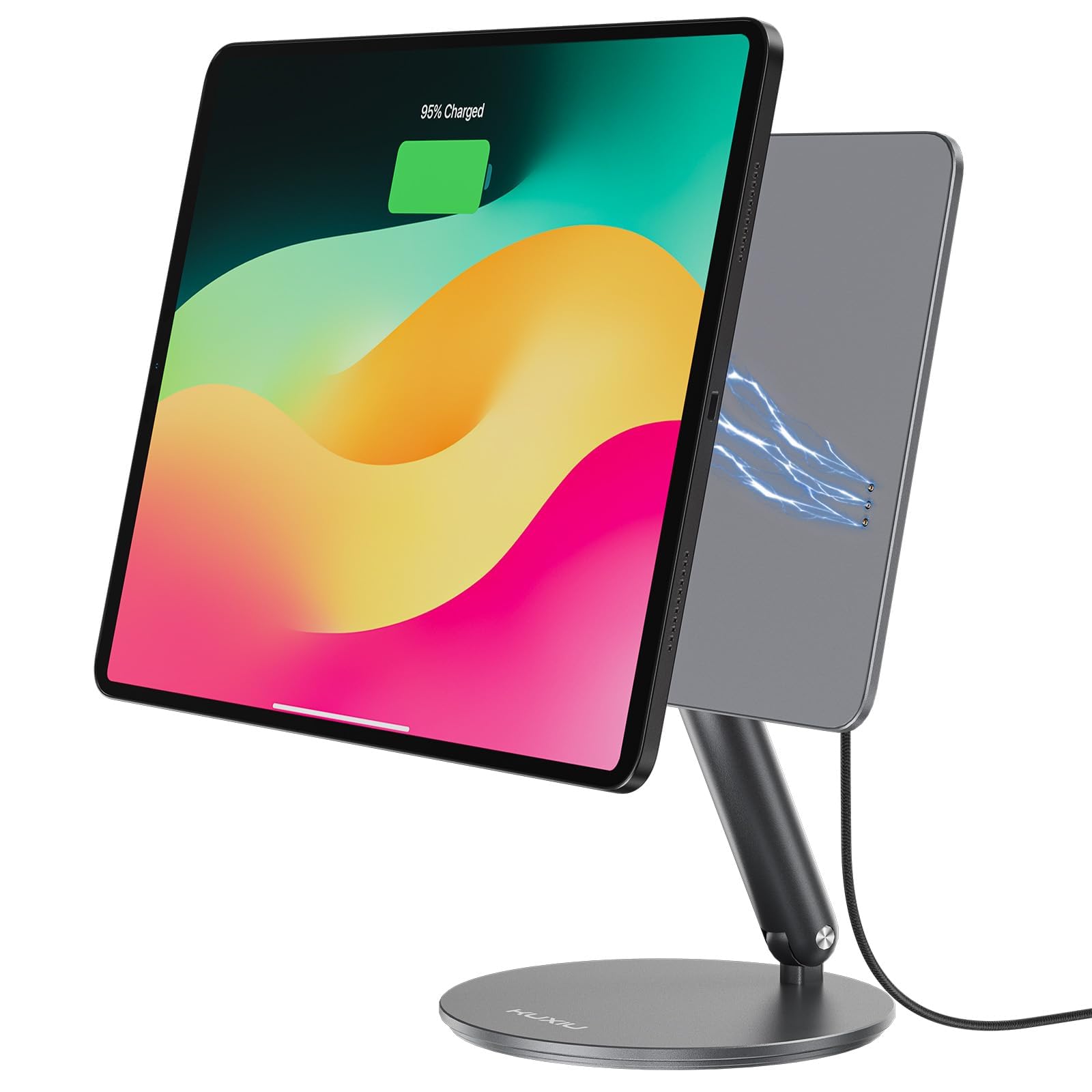 KU XIU Magnetic Wireless Charging Stand for iPad Pro 12.9, iPad Air 13 M2 Only, Aluminum Alloy Arm Mount with 1M Cable, Foldable Adjustable Tablet Holder for iPad Pro 12.9 3rd/4th/5th/6th