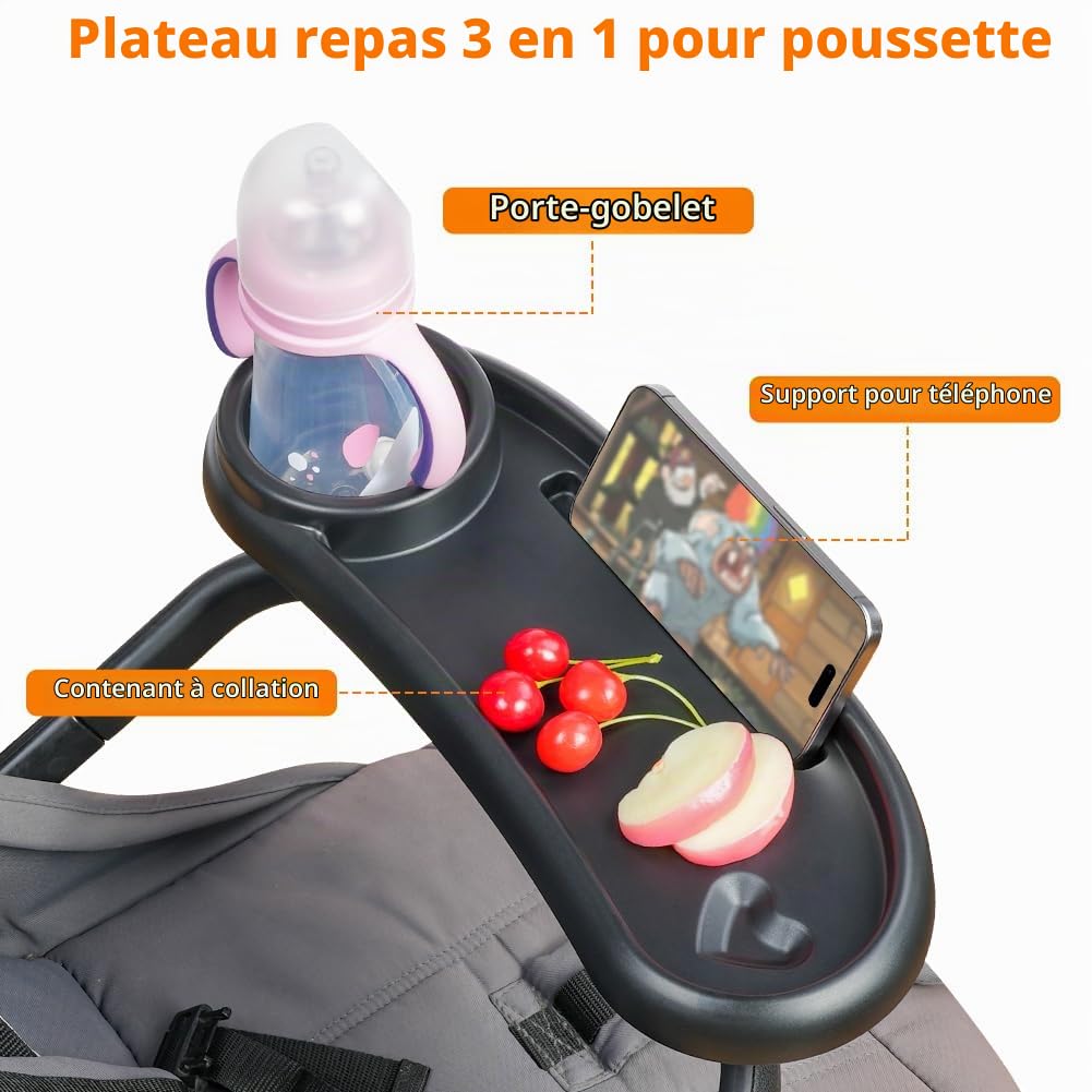 OSDUE Plateau à Goûter pour Poussette, avec Plateau à collation et Porte-gobelet, Plateau à collation 3 en 1, Plateau à dîner pour Poussette avec Porte-gobelet, Accessoire Universel pour Poussette