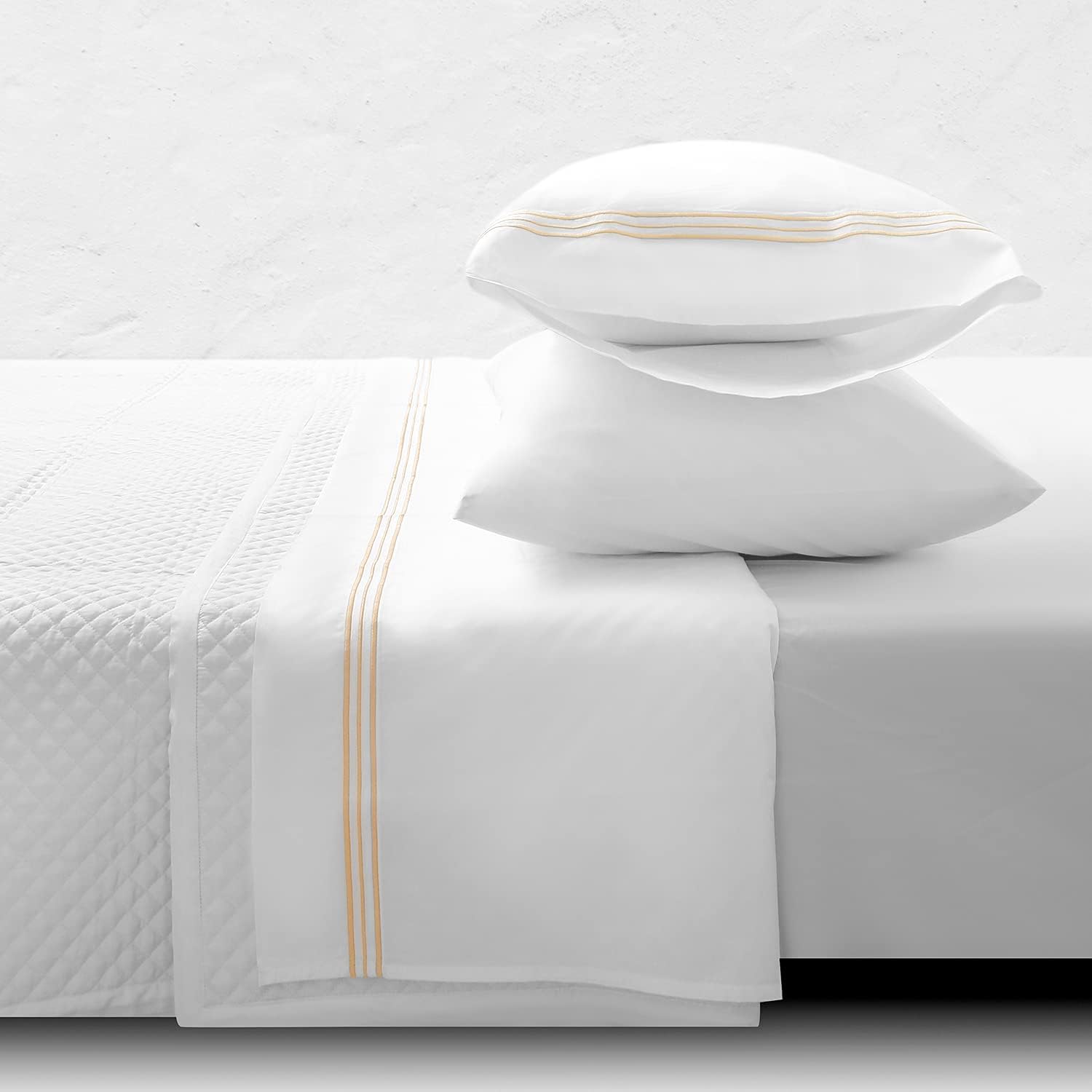 ORNISA King Size White Sheet Set 300 Thread Count 100% Cotton 4 Piece Cool Crisp Percale Weave Embroidered Sheets Luxury Hotel Bedsheet, Oeko Tex Certified 16" Deep Pocket, Beige Embroidery on Edges