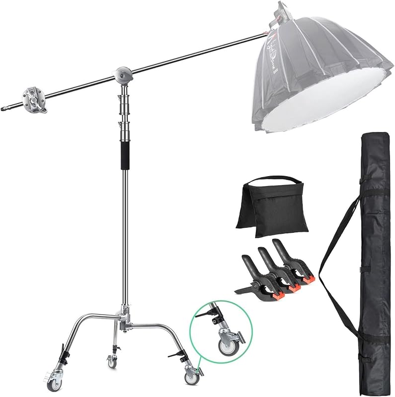 EACHSHOT C Stand Metal w/Bag Wheel Sandbag Clip Max 10.8ft/330cm with 106cm Holding Arm 2 Pieces Grip Head for Godox AD400 Pro AD600 Pro AD600BM Aputure 120D 300D II for Photography Studio