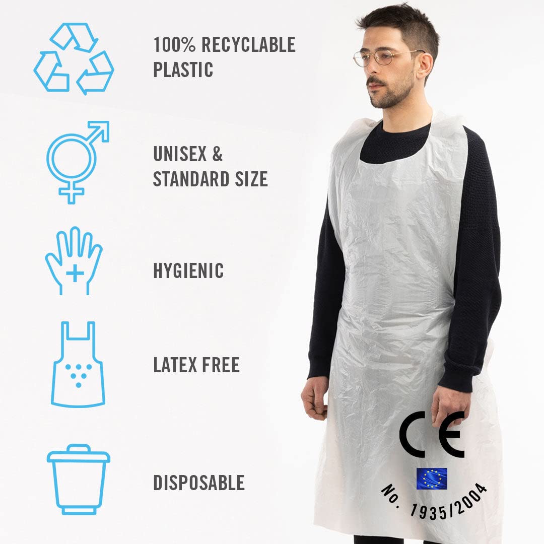 ARESO | Delantales Desechables Adulto 100 Unidades, Delantal Plastico Impermeable y Reciclable, Mandil Blanco con Nudo en Espalda, Delantal Cocina, Pintura, Laboratorio