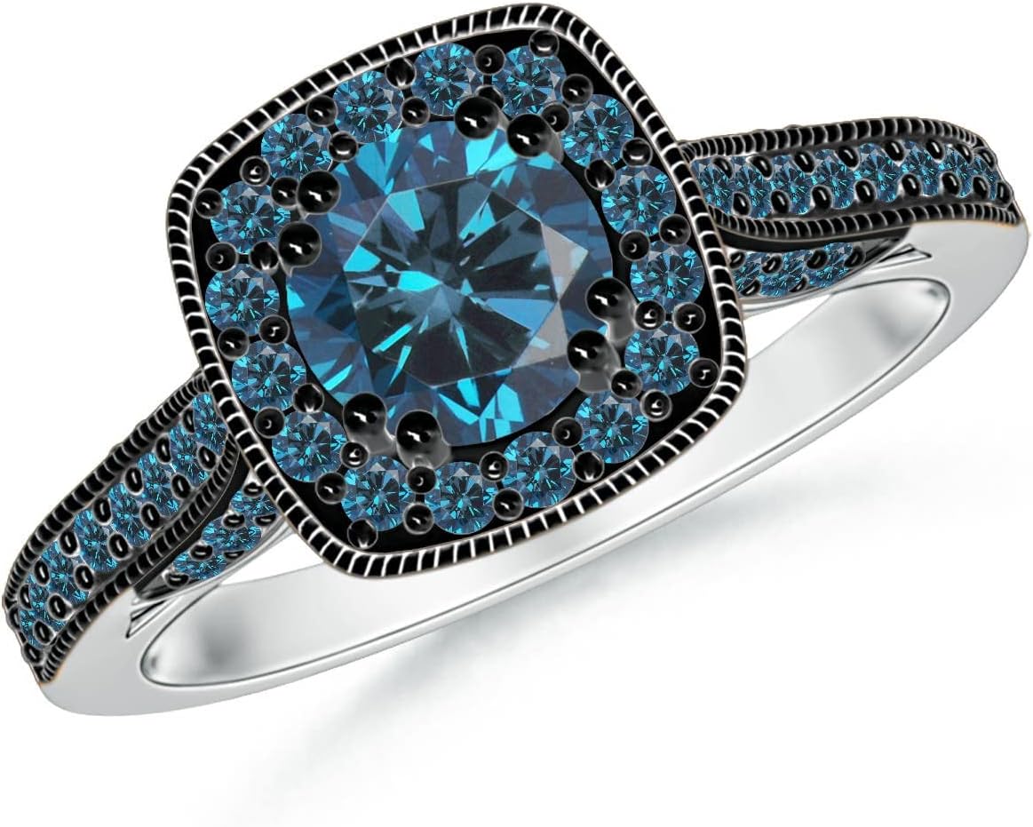 Angara Natural Blue Diamond Ring for Women | Round TRUE Halo Ring in 14K Solid Gold | April Birthday, Anniversary, Gemstone Jewellery Gift