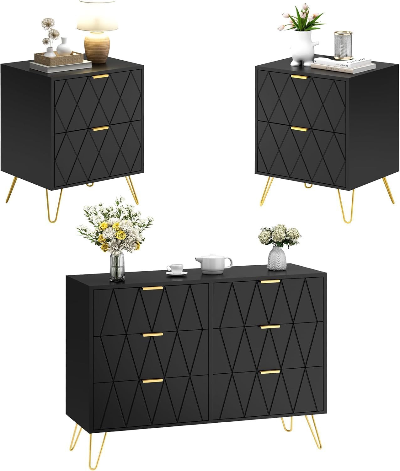 UEV Schlafzimmer Komplett-Set in schwarz, 3er-Set Schlafzimmermöbel, Kommode mit 6 Schubladen und 2er-Set Nachttisch, Goldene Griffe und Füße, Linienmuster, Skandinavisch für Wohnzimmer, Schlafzimmer