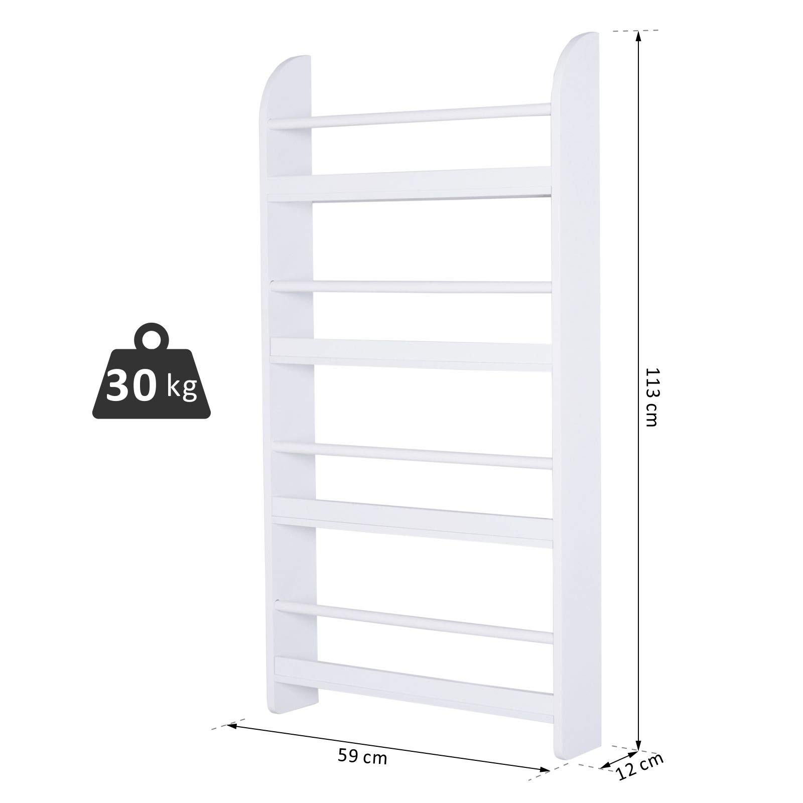 HOMCOM Estantería de Pared de Libros con 4 Estantes Librería Infantil para Hogar Oficina Carga 30kg 59x12x113 cm Blanco