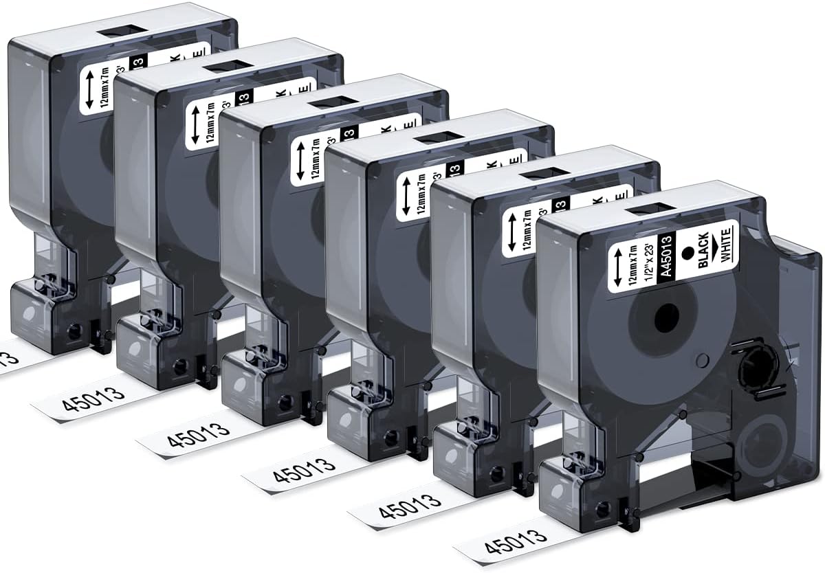 Replacement for Dymo D1 Label Tape 1/2 inch Black on White 45013 45013s A45013 S0720530 Compatible DYMO LabelManager 160 280 210D 360D 420P, 6 Pack Label Maker Refill D1 12mm 1/2 inch x 23ft