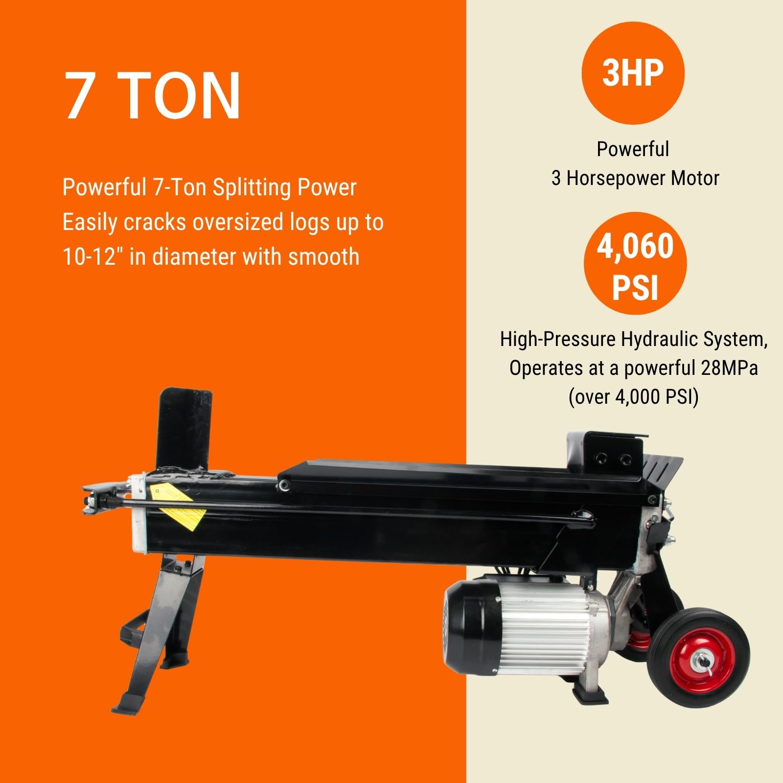 Spaccalegna elettrico da 7 tonnellate, motore ad alta coppia da 3 HP e alta pressione da 28 MPa, cuneo incrociato a 4 vie per Kindling, design 2 in 1, adatto per tronchi lunghi 55,9 cm