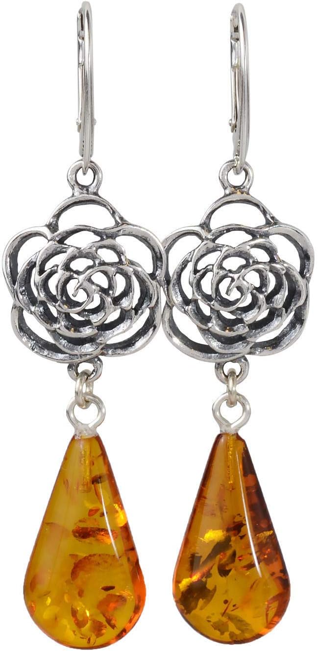 Amber Earrings - Sterling Silver Vintage Style French Leverback Baltic Amber Rose Earrings - Sterling Silver Jewelry Collection
