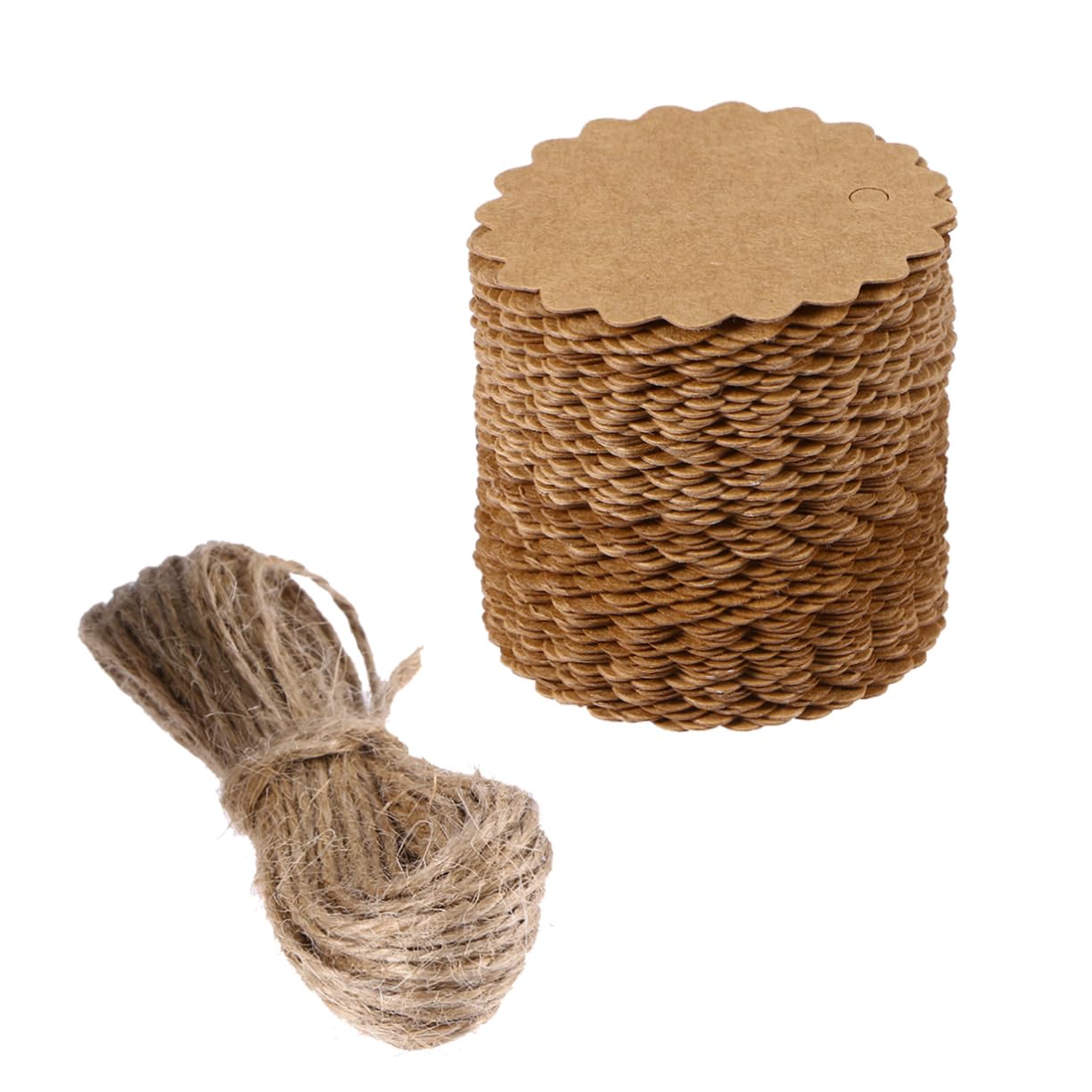 Housoutil 100pcs Brown Cardboard Circles Kraft Labels with Scalloped Round Shape, Sturdy Craft Paper Tags with Write Tips and 10m Jute Twine for Party Tag and Wedding Favour Decoration