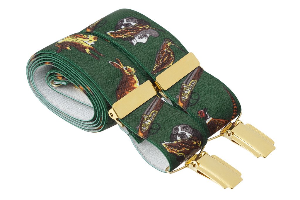 Gs Braces Men's Green Hunting Theme Gold Clips Green Country Hunting Clip On Trouser Braces 35Mm Wide 4 Gold Colour Clips 44 Inch