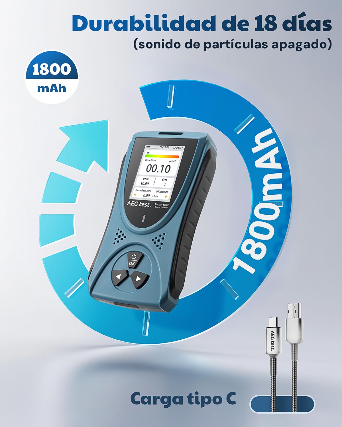 Geiger AEGTEST Radar-5633 - Detector de radiación nuclear LCD, dosímetro recargable para β γ X, mediciones en CPM μSv/h μR/h μSv - Azul