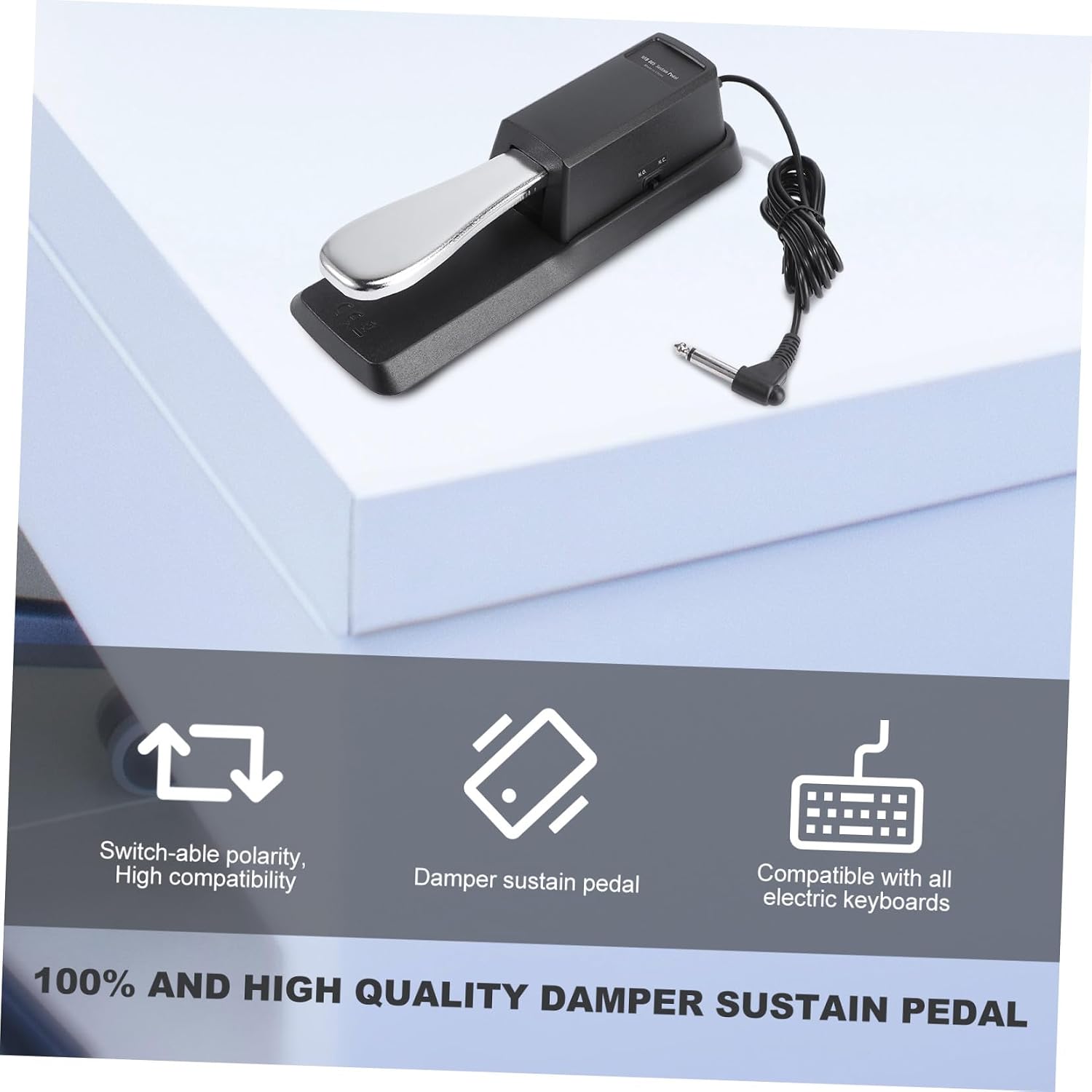 005 Electronic Keyboard Sustain Pedal Black Silver Damper Pedal for Piano Keyboards Hard Plastic Plated Metal 23x7.4x5.7cm 150cm Cable 1/4 Inch