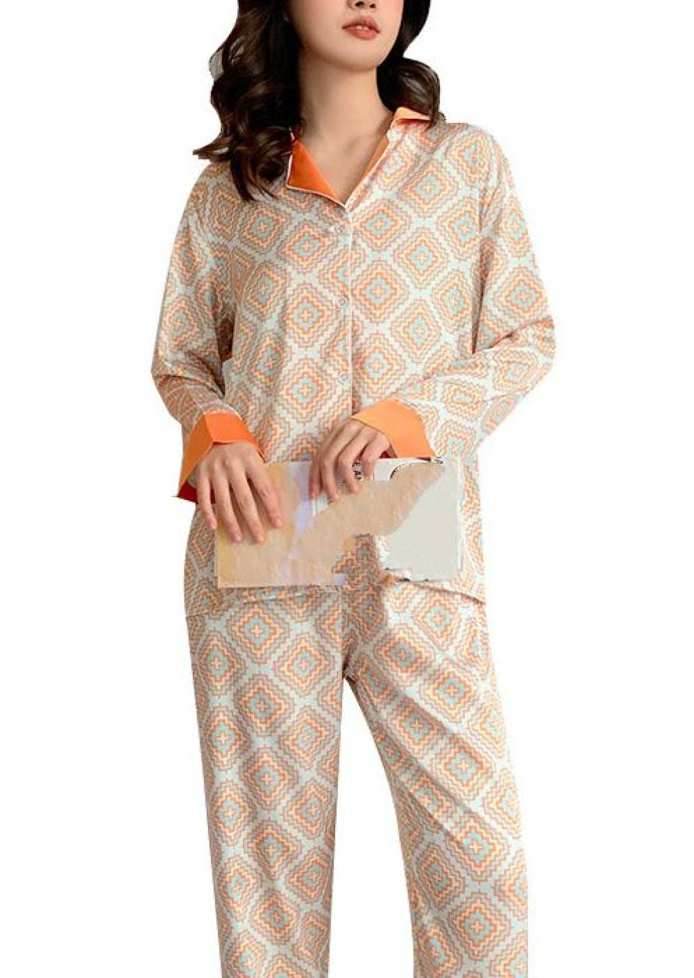 Ensembles De Pyjama Femme,Ensemble De Vêtements De Nuit À Manches Longues Imprimé Diamant À Revers Orange pour Femme Pyjama Deux Pièces Doux Classique Décontracté Loungewear Cadeau De Festiva