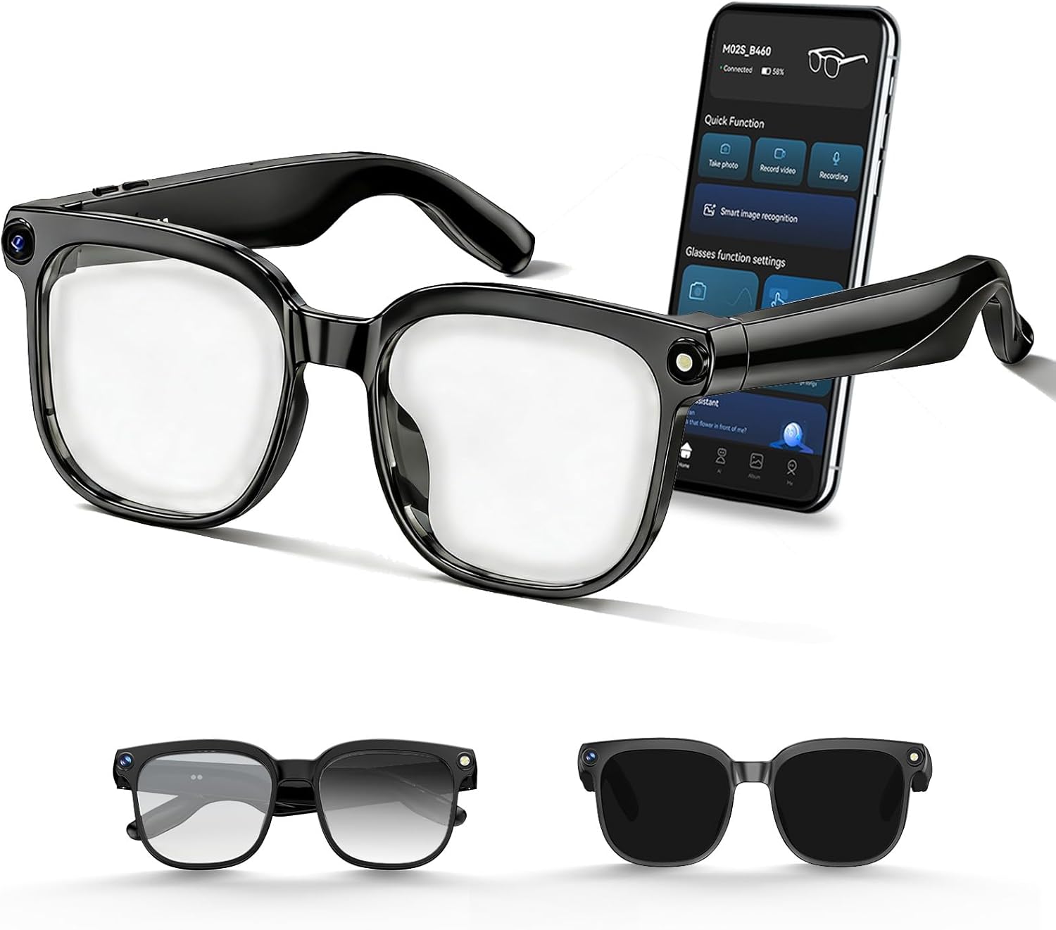 AI Smart Glasses with Camera, 4K Photos & 1080P Video,Anti-Shake, Real-Time Translation, Bluetooth 5.4, Assistant Conversation, Suitable for Vlogging,Travel, Business (Photochromic)