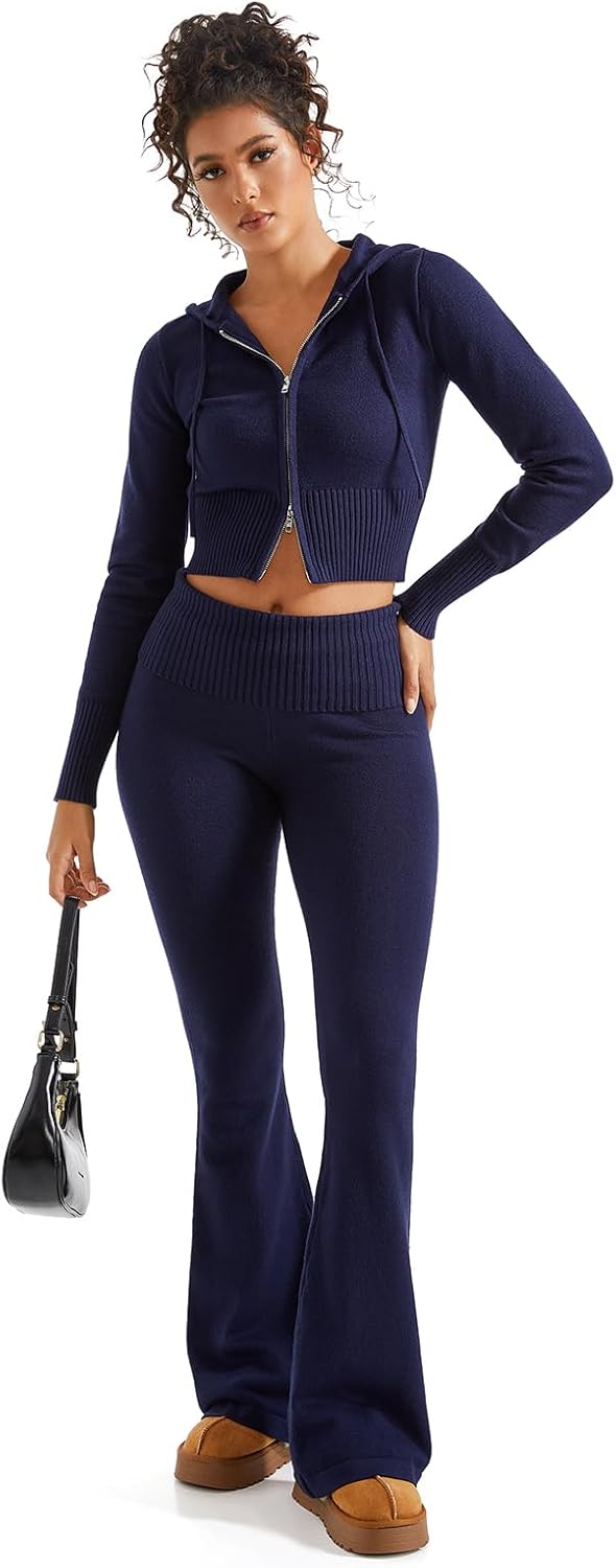 SUUKSESS Women 2 Piece Knit Sets Cropped Zip Up Hoodie Foldover Flare Leg Pants - Image 6