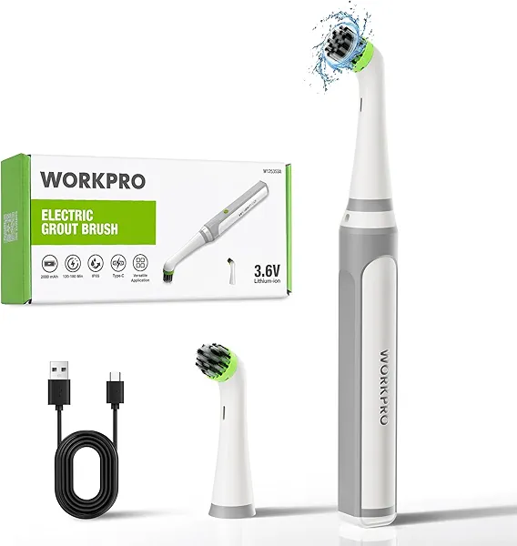 WORKPRO Cordless Grout Brush Set, 5500RPM Power Scrubber, IPX6 Waterproof Electric Scrubber with Type-C Charging Cable and Replaceable Brush Heads for Cleaning Grout, Tiles, Grime, and Crevices