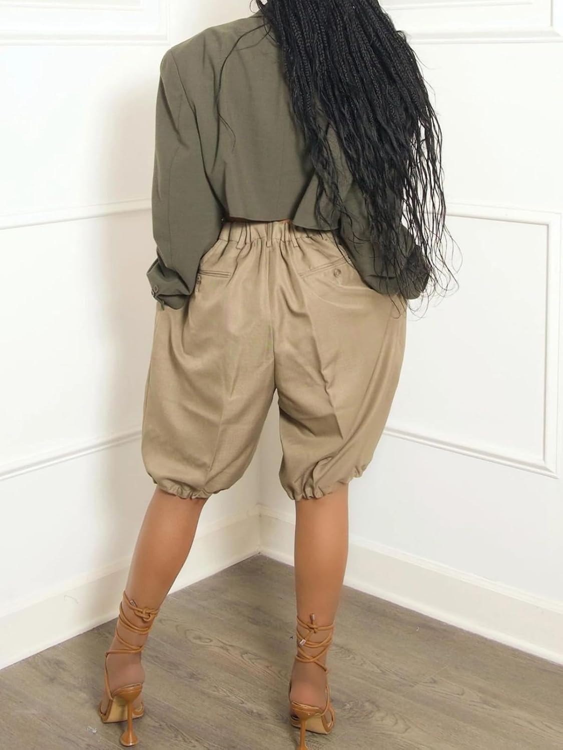 Womens Lantern Tapered Harem Mid Pants Slacks with Pocket Solid Pleated Loose Lounge Short Pants