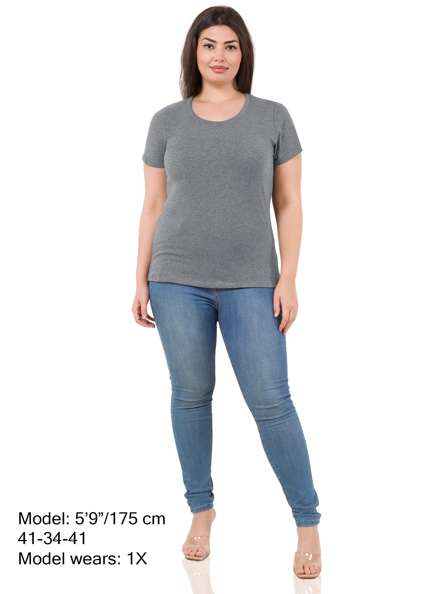 Baumwoll-T-Shirts für Damen, kurzärmelig, Basic-T-Shirt, einfarbiges T-Shirt, lässiges Oberteil, Unterhemd, Packung 1–4 Stück, 4er-Pack – Schwarz, H Grau, Olivgrün, Weiß, Klein