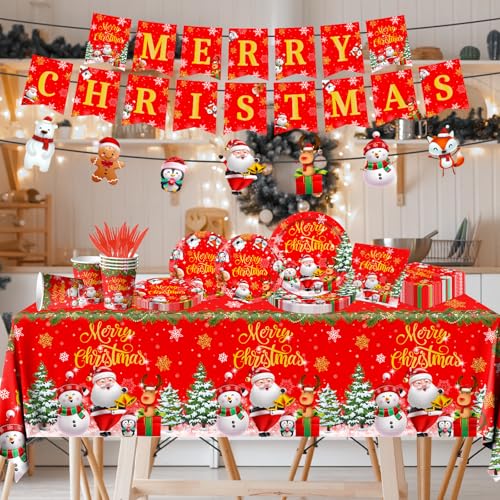 Christmas Paper Plates and Napkins - Disposable Tableware with Plates, Napkins, Tablecloth, Banner for Christmas Party Table Decorations – Image 6