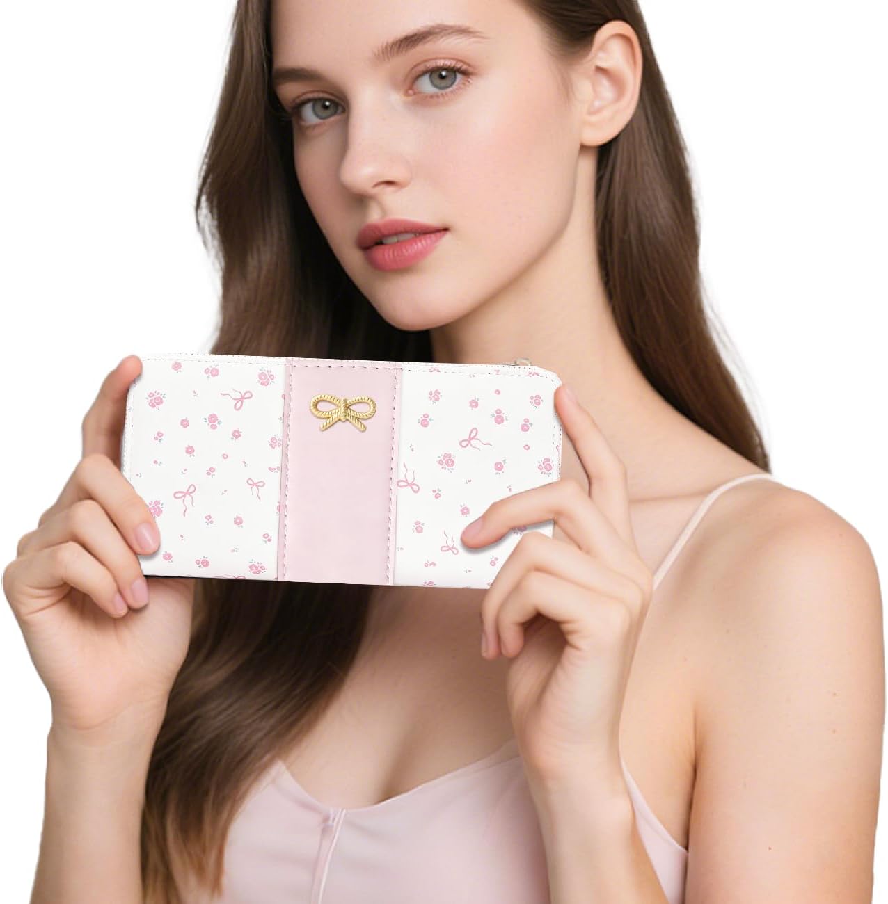Long Wallet Floral Coquette Bow Wallet with ID Credit Card Slots Coin Purse for Women (PINK)