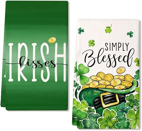 Miniatura 1 de ARKENY Juego de 2 toallas de cocina del día de San Patricio, moneda de trébol dorado, paños de cocina del día de San Patricio, paños de cocina de