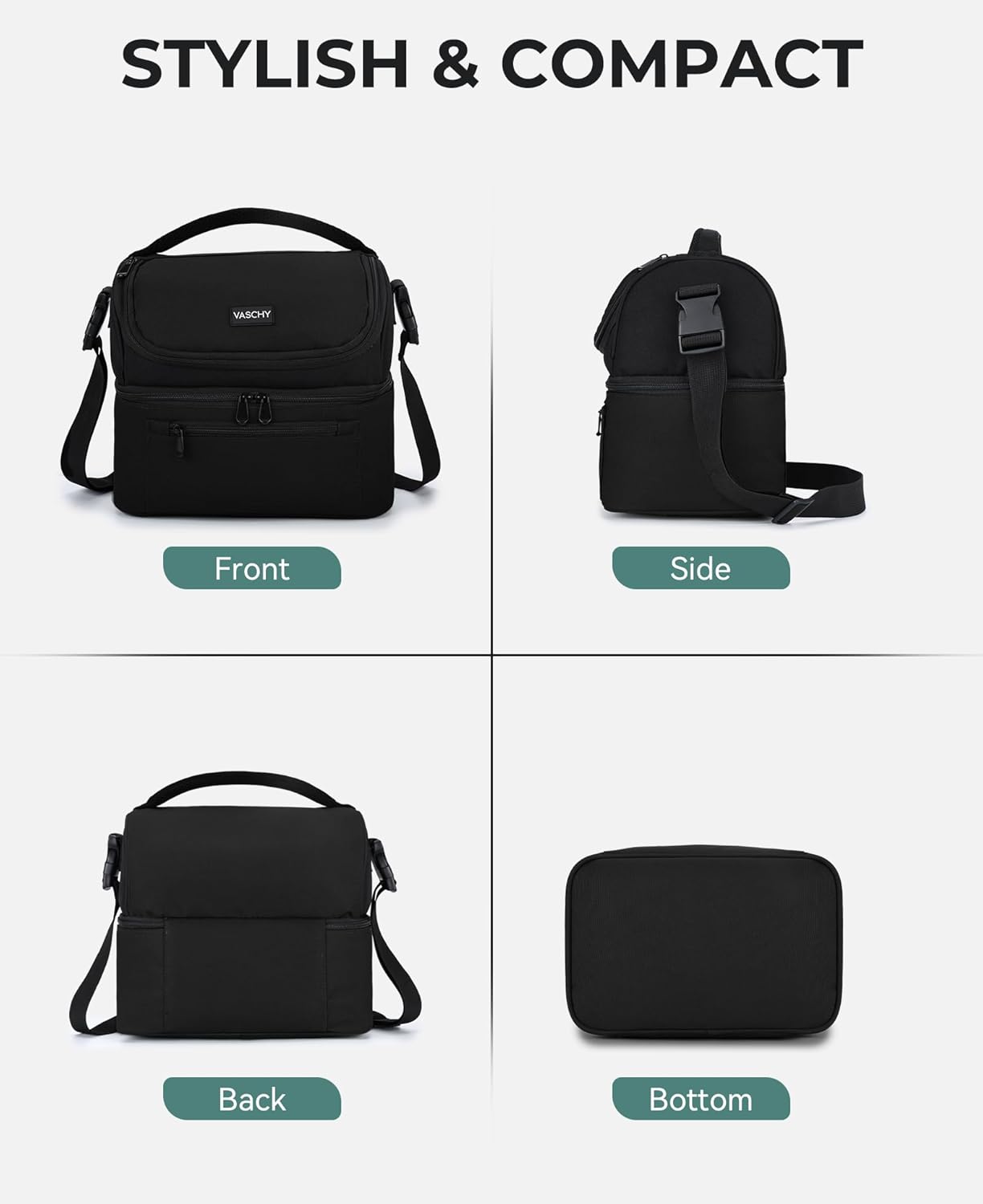 Vaschy Lunch Bag for Men and Women - 8L Capacity, Water Resistant, with Shoulder Strap and Carry Handle, Black