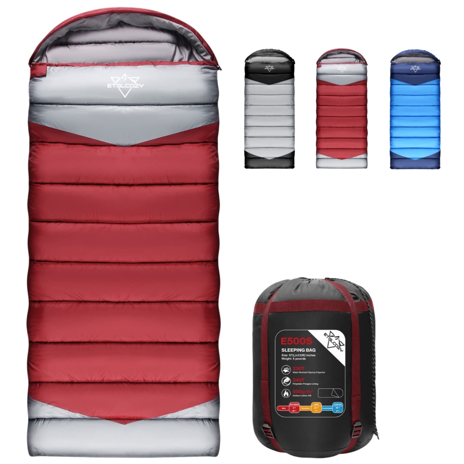 ETGLCOZY Lightweight 3-Season Sleeping Bag for Adults/Kids Camping, Compact w/Compression Sack, Waterproof Ripstop, Portable for Backpacking Hiking Travel, 0-10°C, Claret/Gray — image 1