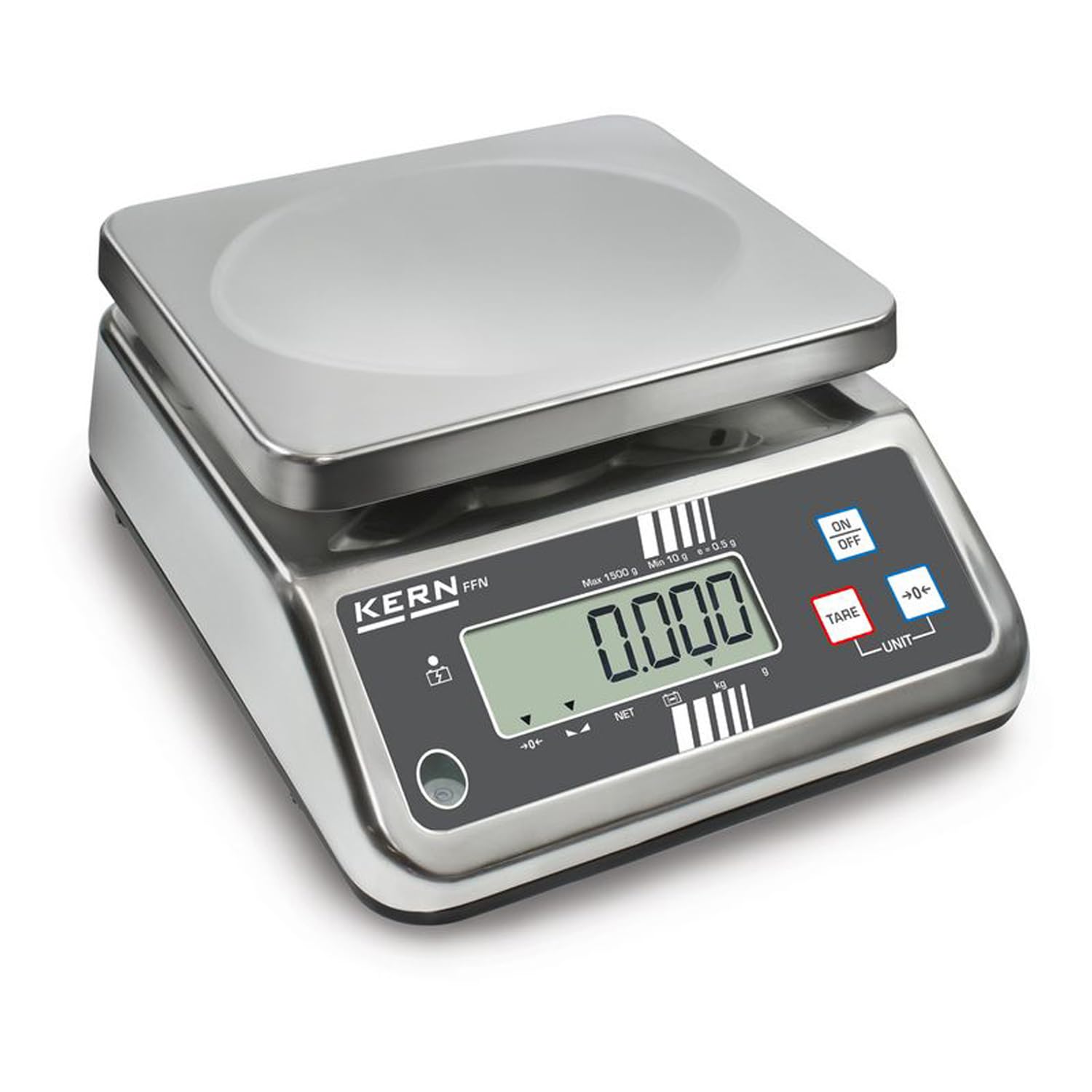 KERN Báscula de mesa de acero inoxidable con protección IP, robusta, clase de protección IP65, rango de pesaje de 15 kg, legibilidad 2 g