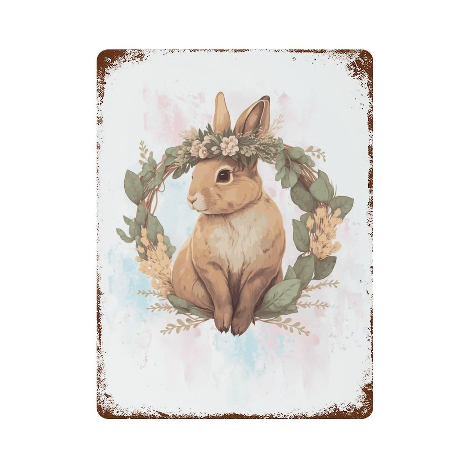 Floral Watercolor Rabbit Rust Effect Tin Sign 15.7"x11.8", Vintage Wall Decor for Bistro, Counter And Cafe Decor