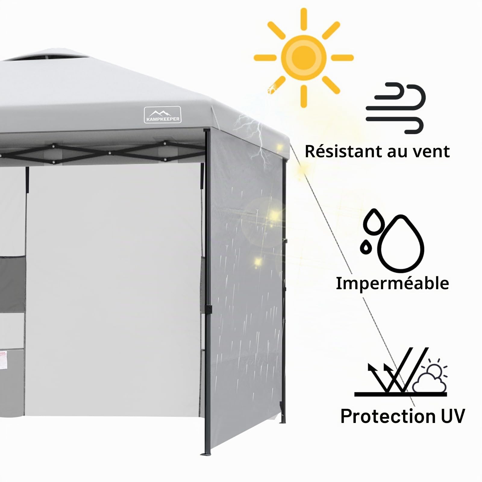 KAMPKEEPER Lot de 2 Parois Latérales 183 x 305 cm pour Tonnelle Pliante, Polyester 210D Imperméable UV 99%, avec 4 Poches, Montage Rapide, Compatible Barnum Pop Up à Pieds Droits
