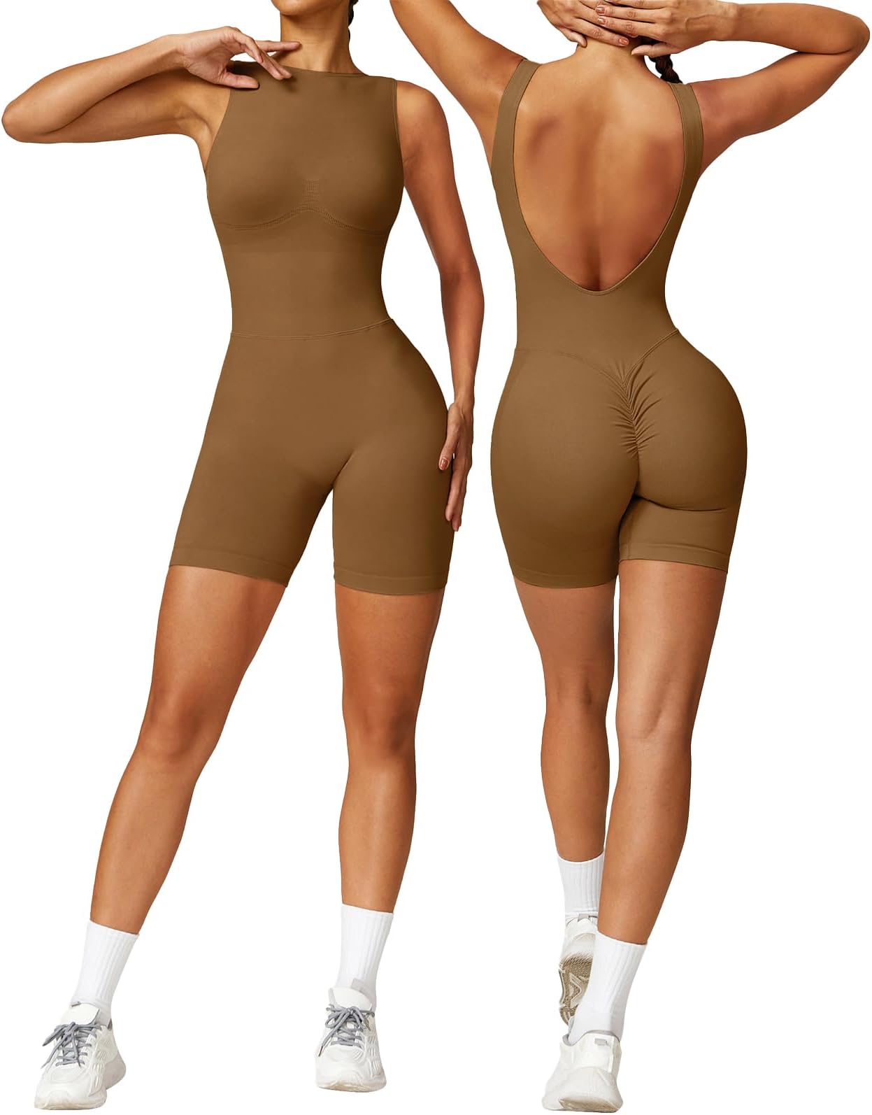 OEAKScrunch Butt Jumpsuit Shorts for Women 2024 High Neck 5.5'' Booty Lift Short Unitard Backless Workout Set V Back Rompers