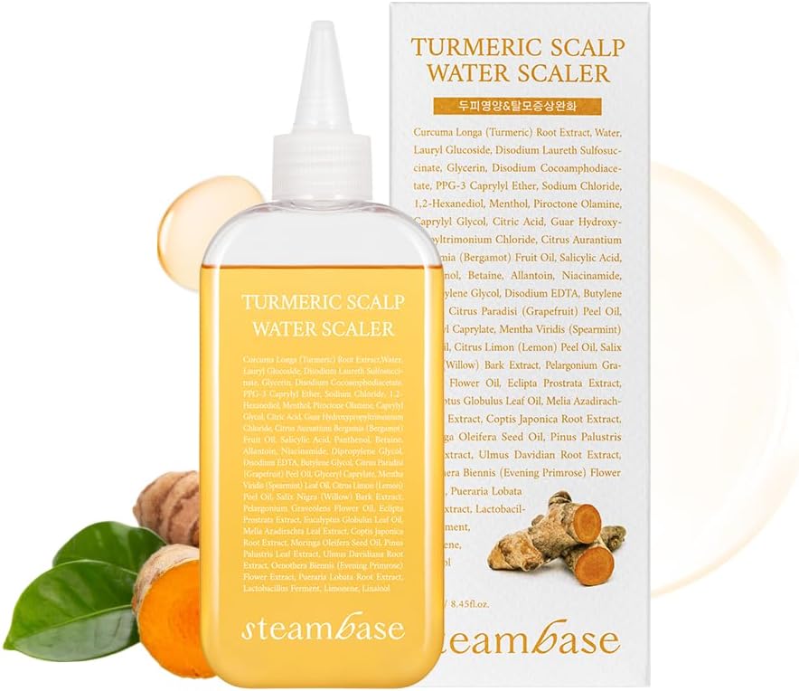 STEAMBASE Turmeric Scalp Water Scaler | Nourishing and Exfoliating | Turmeric & Natural BHA | Nourish Scalp, Remove Buildup & Anti-Hair Thinning | For Dry or Oily Scalp, 8.42 fl oz