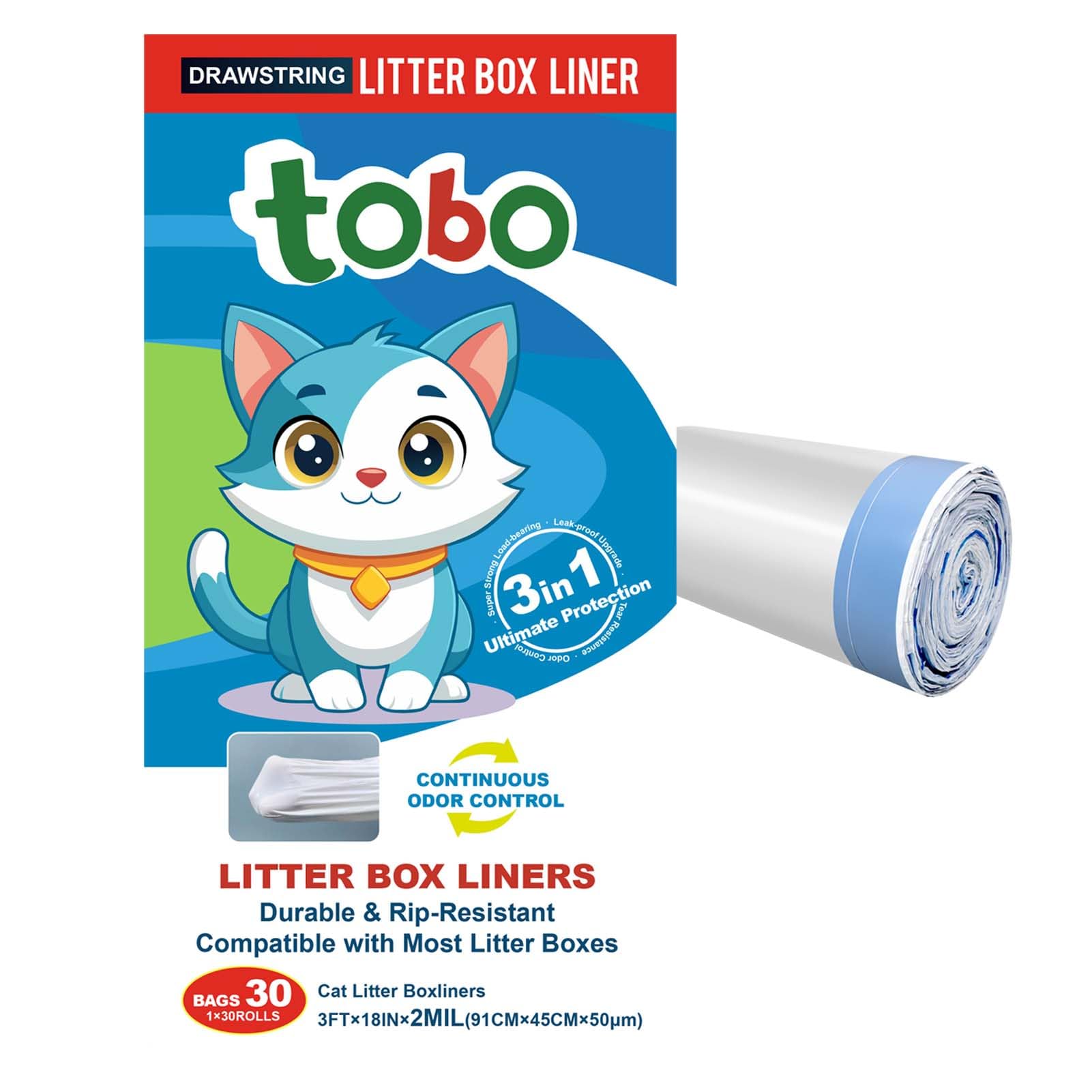 Tobo 30 count Disposal Bags with Tie Handles,Large,37" x 17" 2mil Drawstring Extra Durable Pet Cat Pan Liners for litter box Extra-Thick Kitty Litter